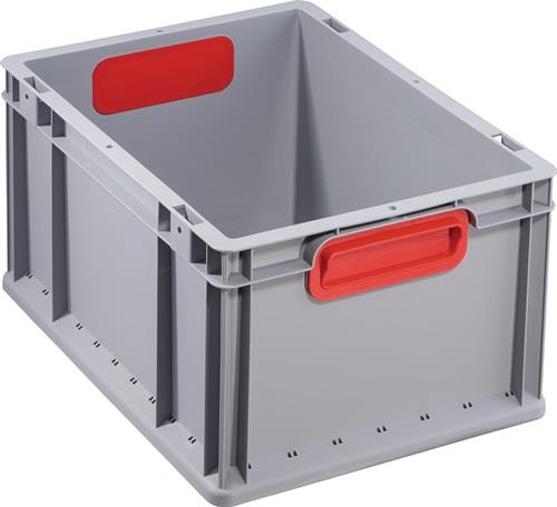 Graue Kunststoffbox mit roten Griffen zur Lagerung und Organisation