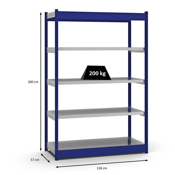 PROREGAL Fachbodenregal Stecksystem Vierkant-Profil Grundregal HxBxT 200 x 132,5 x 50 cm 5 Ebenen Einseitige Bauart Fachlast 200 kg Enzianblau