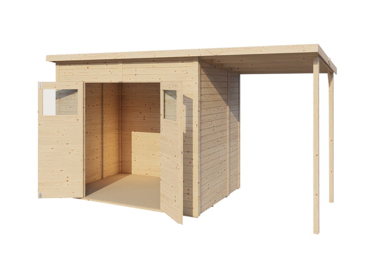 Gartenhaus aus Holz mit Pultdach, Anbaudach und geöffneter Doppeltür mit Lichtausschnitten.