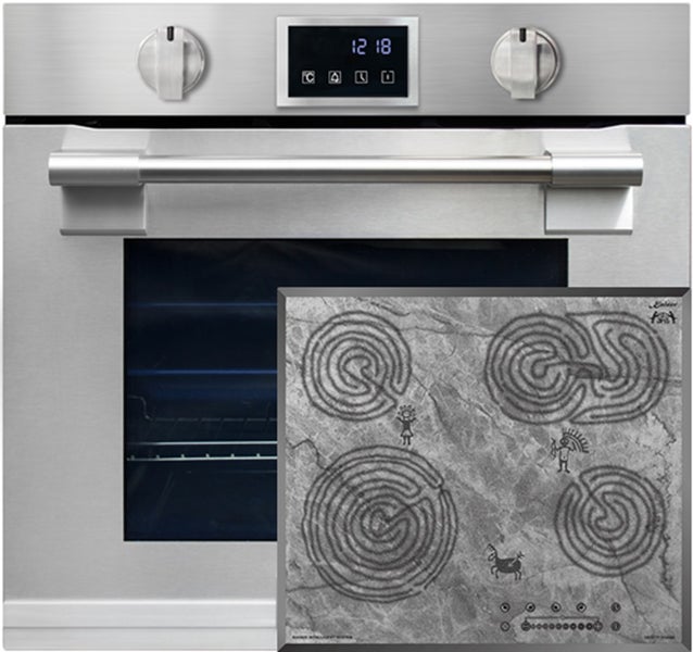 Einbau Backofen und Kochfeld Set mit Backofen aus Edelstahl und Glaskeramik Kochfeld mit Steinoptik Design.
