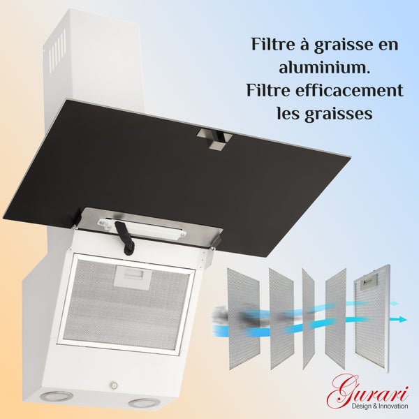 Wand-Dunstabzugshaube mit Aluminium-Fettfilter und Darstellung der Filterschichten. Gurari Logo.