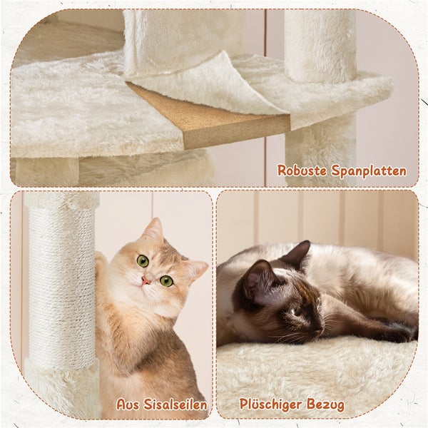 Detailansicht eines Katzenkratzbaums mit robusten Spanplatten, Sisalseilen und einem weichen Bezug