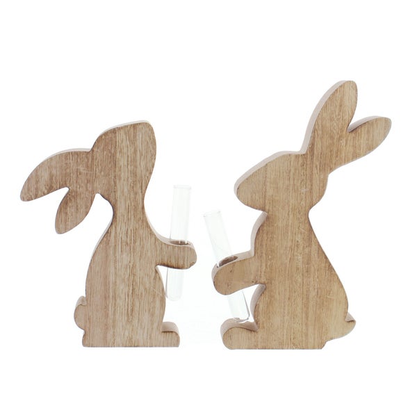 FRANK FLECHTWAREN | Hase mit Vase, 2er Set, HOLZ, 14 x 2 x 18 cm, 15 x 2 x 22 cm, ohne Blumen