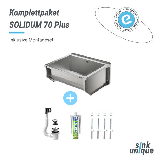 KUNe Komplettpaket SOLIDUM 70 Plus bestehend aus Edelstahlspüle inklusive Montageset mit Siphon, Dichtstoff und Befestigungsmaterial.