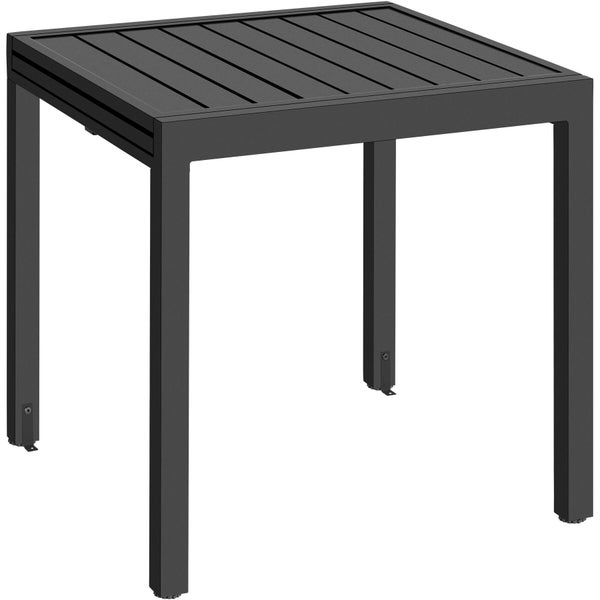 Quadratischer Gartentisch aus Aluminium in Anthrazit mit einer Tischplatte aus Lamellen.