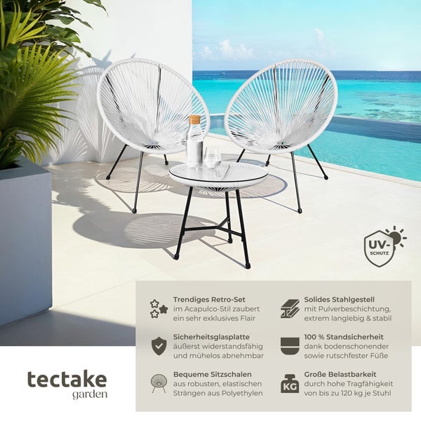 2 Gartenstühle Santana mit Tisch tectake  Belastbarkeit Stuhl 120 kg Retro-Design im Acapulco-Stil weiß