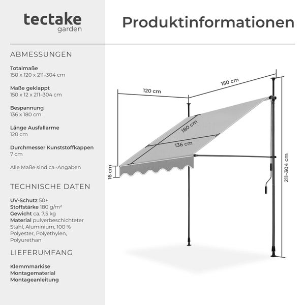 tectake garden Logo. Infografik zur Klemmmarkise mit Maßen in Zentimeter, Daten zu Material und Sonnenschutz sowie dem Lieferumfang.