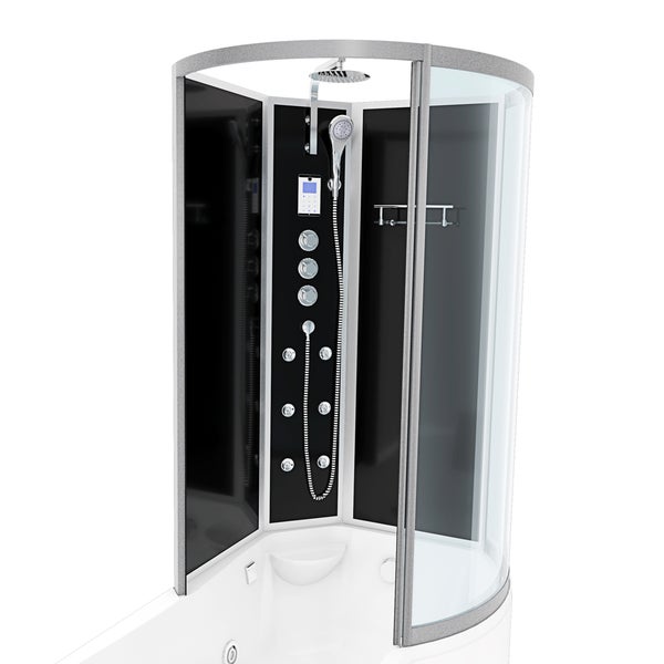 Innenansicht einer modernen Duschkabine mit schwarzer Rückwand, Regenduschkopf, Handbrause, digitalem Bedienfeld und Glasregal.