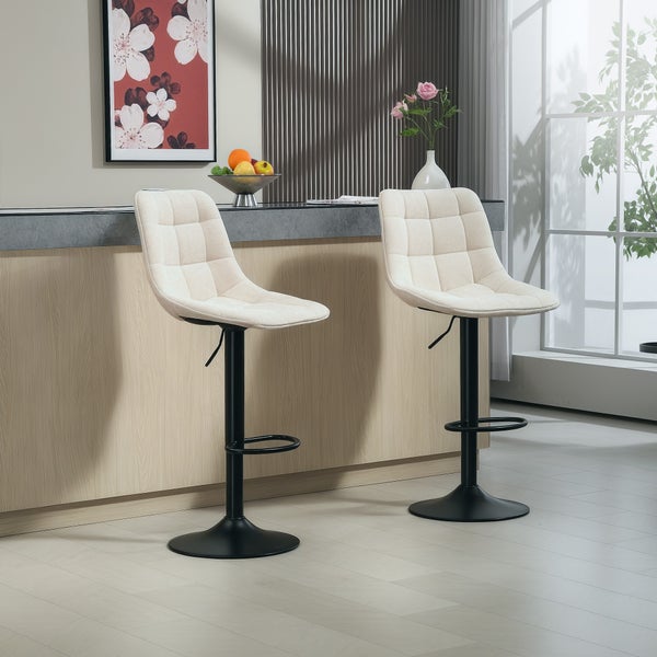 HOMCOM Barhocker 2er-Set, Gepolstert Barstuhl mit Lehne, Stahlgestell, Chenille-Optik, Höhenverstellbare Küchenstühle mit Fußstütze 360° Drehbar Tresenhocker für Küche, Wohnzimmer Beige