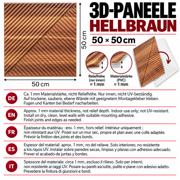 Hellbraunes 3D Paneel aus Polyvinylchlorid zur Wandgestaltung, Format 50 mal 50 Zentimeter, Materialstaerke circa 1 Millimeter, für Innenbereiche.