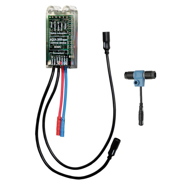 KWC AQUA 3000 open Steuermodul für Waschtischarmaturen mit Anschlusskabeln und T-Verteiler.