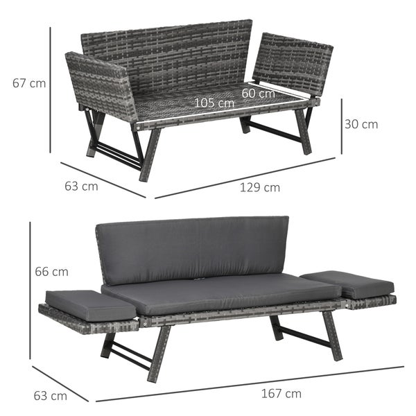 Outsunny Polyrattan Gartensofa, 2 Sitzer Loungesofa, klappbar Armlehnen, 129 x 63 x 67 cm, Stahl, Grau
