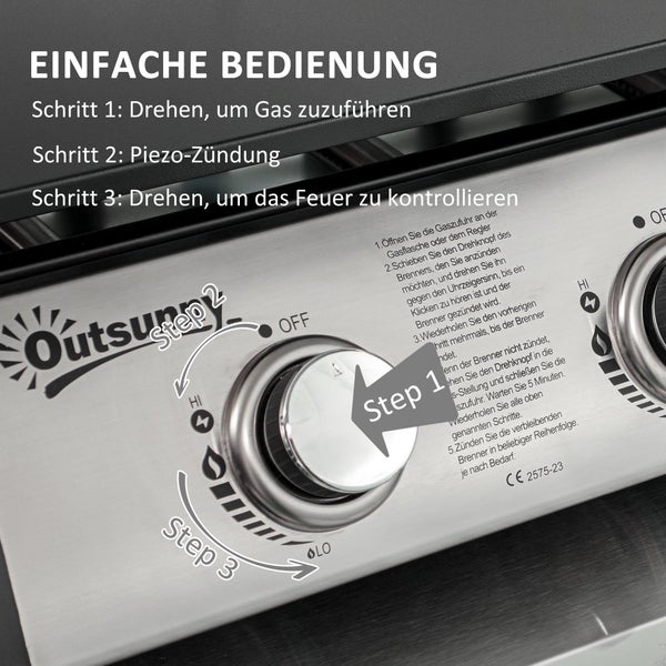 Bedienfeld eines Outsunny Gasgrills mit Drehknopf und Anleitung für drei Schritte: Gaszufuhr öffnen, Piezo-Zündung aktivieren und Hitze regulieren.