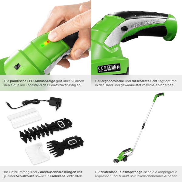 Akkuschere mit LED Akkuanzeige, ergonomischem Griff, austauschbaren Klingen, Schutzhülle, Ladekabel und Teleskopstange