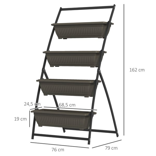 Vertikales Pflanzregal mit 4 Etagen aus Metall und Kunststoff, Braun und Schwarz, Maße 162 x 76 x 79 cm.
