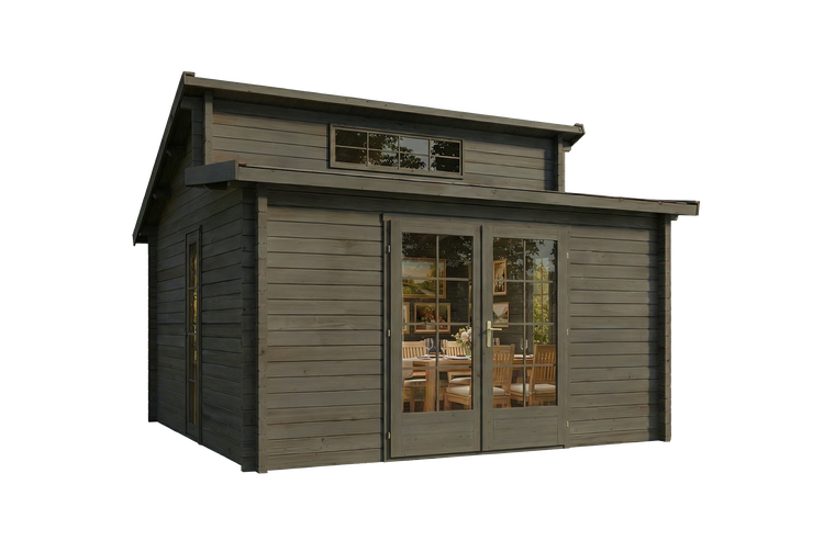 Modernes Gartenhaus aus Holz mit Stufendach, einer Doppeltür mit Glaseinsatz und einem zusätzlichen Fenster als Oberlicht.