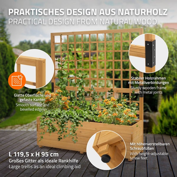 ML-Design Pflanzkasten mit Rankgitter, 119,5×139×36,5 cm, Braun, Pflanzkübel Blumenkübel mit Spalier, Gartenspalier Massivholz für Kletterpflanzen, Blumenkasten Rankkasten Hochbeet für Balkon & Garten