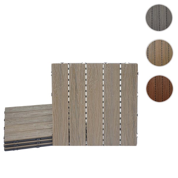 Terrassenfliese aus Holz-Kunststoff-Verbundwerkstoff mit Klicksystem und Holzmaserung für Garten und Balkon, verschiedene Ausführungen.