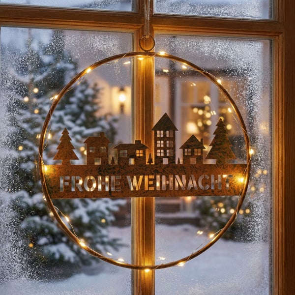 Beleuchteter Metallring als Fensterdekoration mit Weihnachtsdorfmotiv und Schriftzug Frohe Weihnacht vor einem verschneiten Fenster