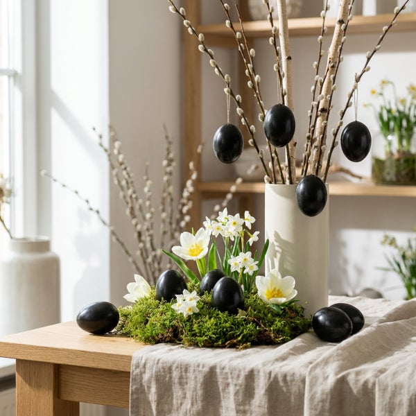 Osterdekoration mit Weidenzweigen in einer Vase, arrangiert mit Moos, Narzissen, Tulpen und schwarzen Ostereiern auf einem Holztisch.
