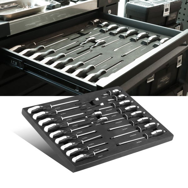 Schraubendreher-Set in Werkzeugkasten-Schublade und loser Anordnung