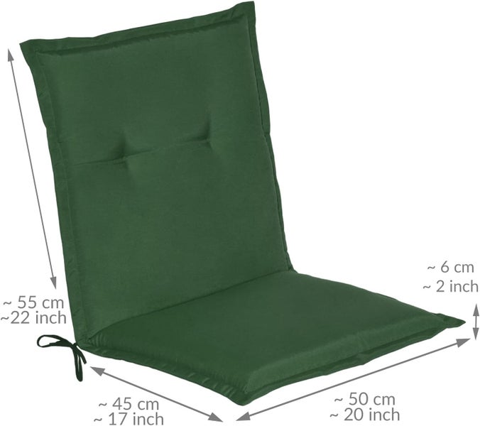 Grüne Hochlehner-Auflage für Gartenstühle mit Maßen circa 55 Zentimeter Rückenhöhe, 50 Zentimeter Sitzfläche und 45 Zentimeter Breite.