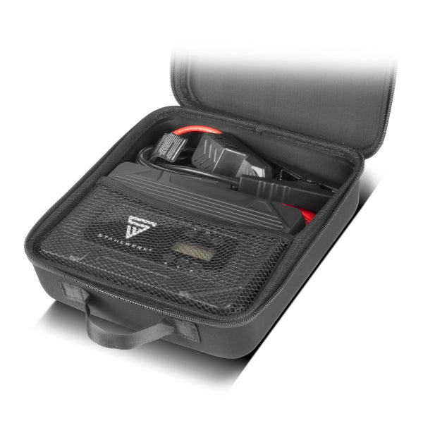 Starthilfe mit Zubehör in offener Aufbewahrungstasche