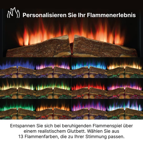 Elektrischer Kamin mit 13 verschiedenen Flammenfarben und realistischen Holzscheiten.