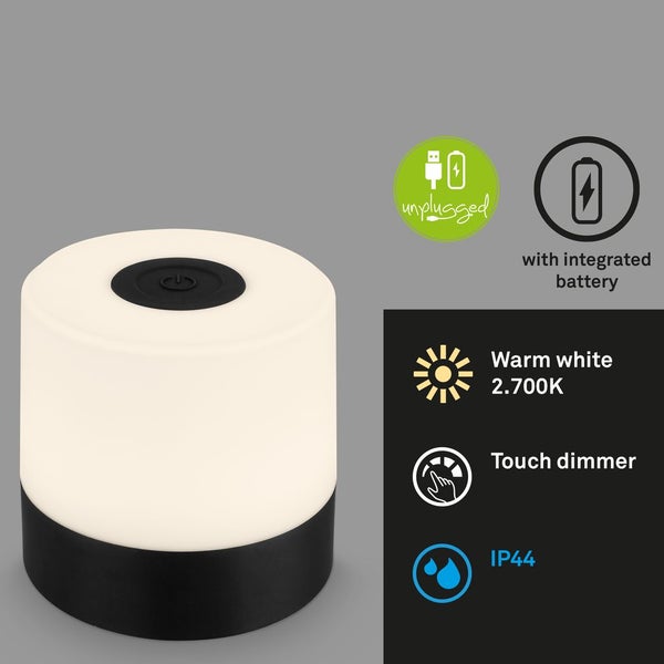 Zylindrische tragbare LED-Tischleuchte, warmweiß 2700 Kelvin, Touch-Dimmer, integrierter Akku, Schutzart IP44.