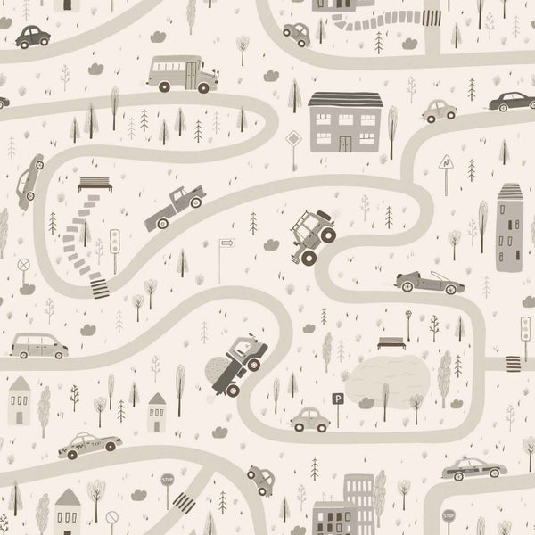 Kindertapete mit Stadtmotiv, Straßen, Fahrzeugen und Häusern im grafischen Design.
