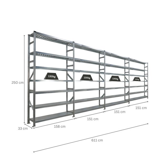 Metallregal mit den Maßen 250 cm Höhe, 611 cm Breite und 33 cm Tiefe, Fachlast 130 kg