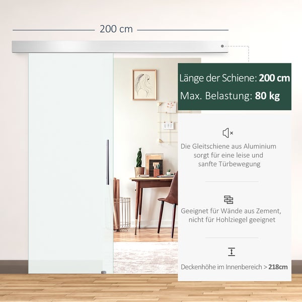 HOMCOM Glasschiebetür Schiebetür Tür Zimmertür mit Griffstange einseitig satiniert 90 x 205 cm