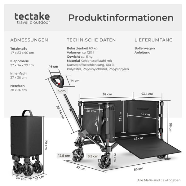 tectake Bollerwagen Produktinformationen mit Abmessungen, Traglast 60 Kilogramm, Volumen circa 120 Liter, Gewicht circa 6 Kilogramm und Klappmaß.