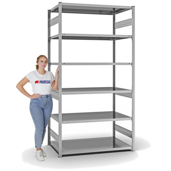 PROREGAL Fachbodenregal Stecksystem T-Profil Medium-Duty Grundregal HxBxT 250 x 130 x 80 cm 6 Ebenen Fachlast 240 kg Beidseitig Nutzbar Verzinkt
