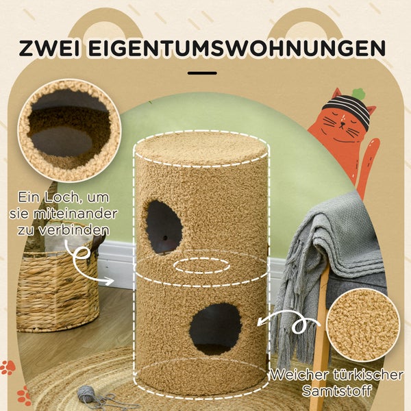 PawHut Kratztonne, Höhe 66 cm, Kratzturm mit 2 Ebenen, Katzentonne mit Kratzbrett, Katzenturm mit 2 Höhlen, Katzenkratzbaum im Bärendesign, Hellbraun