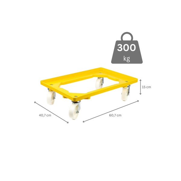 PROREGAL SparSet 6x Transportroller für Euroboxen 60 x 40 cm mit Kunststoffräder Gelb Offenes Deck 2 Lenkrollen und 2 Bockrollen Traglast 300 kg