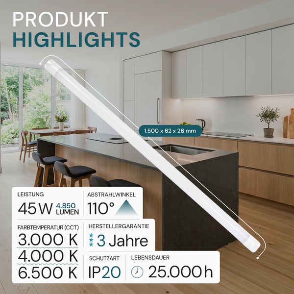 LED Leuchte in einer Küche mit Highlights: 45 Watt, 4850 Lumen, einstellbare Farbtemperaturen, 1500 Millimeter Länge und 3 Jahre Herstellergarantie.
