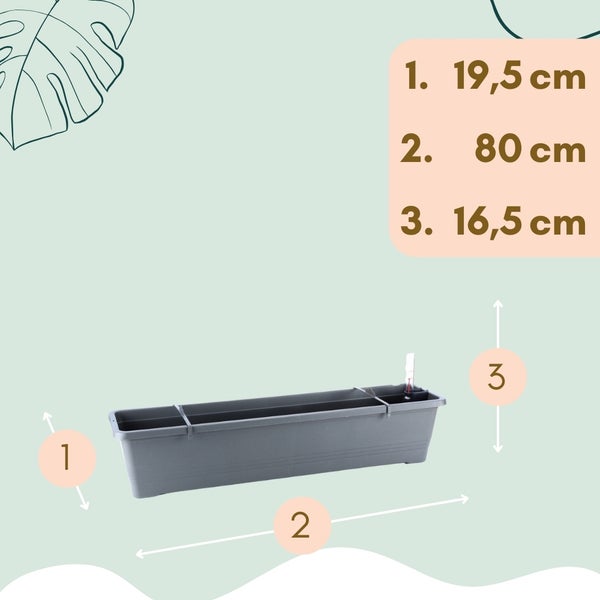 Abbildung eines grauen Blumenkastens mit den Maßen 19,5 cm Breite, 80 cm Länge und 16,5 cm Höhe.