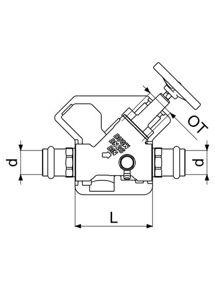 Technische Zeichnung eines Schrägsitzventils mit Pressanschlüssen und den Maßangaben d, L sowie OT.
