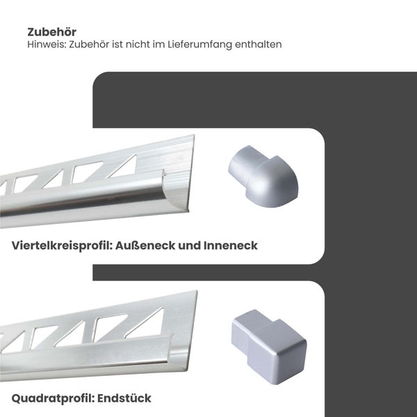 Zubehör für Fliesenprofile: Viertelkreisprofil mit Außeneck und Inneneck sowie Quadratprofil mit Endstück.