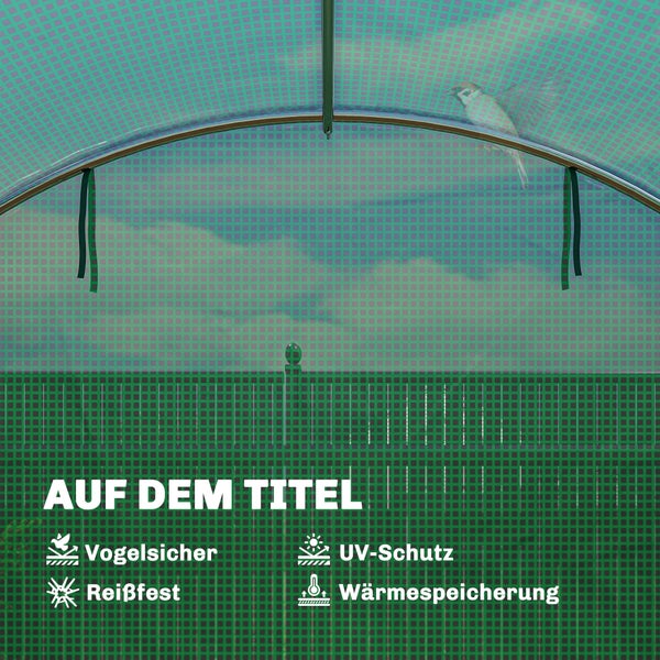 Gitterfolie für Gewächshäuser: vogelsicher, reißfest, Ultraviolett-Schutz und Wärmespeicherung.