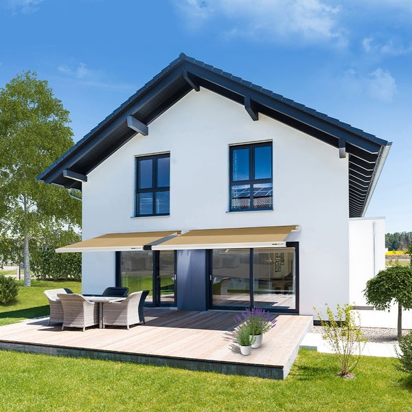 Home Deluxe - LED Vollkassettenmarkise ELOS - Sandfarben, 350 x 250 cm - inkl. Wind- und Sonnensensor, Fernbedienung, Handkurbel, Montagematerial I Terrassenüberdachung Sonnenschutz Windschutz