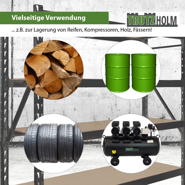Trutzholm shelf with firewood, car tires, barrels, and air compressor