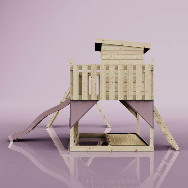 Spielturm aus hellem Holz mit rosa Wellenrutsche, Sandkasten und Pultdach für den Garten.