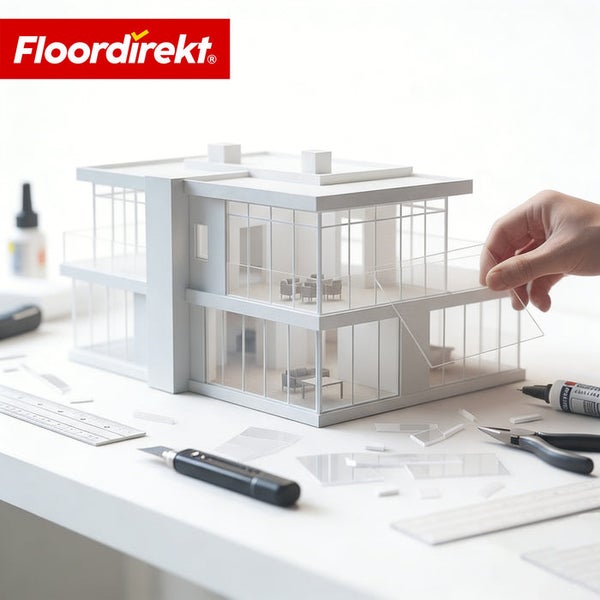 Architekturmodell eines modernen Hauses mit großen Glasfronten, eine Hand setzt Fenster ein, Werkzeuge auf dem Arbeitstisch, Floordirekt Logo.