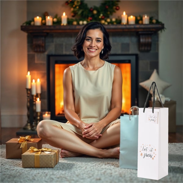 Frau sitzt vor Kamin mit Geschenken und Geschenktüten