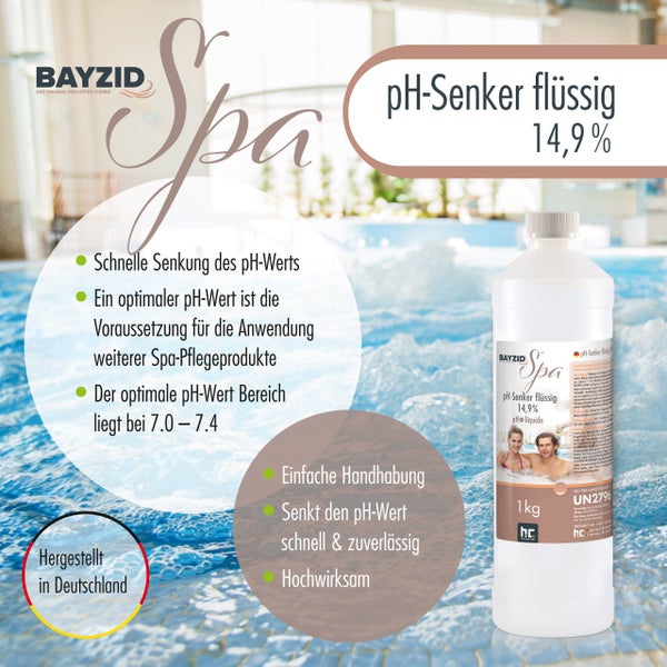 Bayzid Spa pH-Senker flüssig 14,9 Prozent in einer weißen Flasche vor dem Hintergrund eines Schwimmbads. Hergestellt in Deutschland.