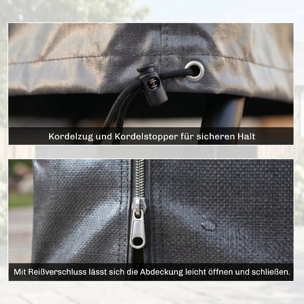 Detailansicht einer Schutzhülle mit Kordelzug und Kordelstopper sowie einem Reißverschluss für einfache Handhabung und sicheren Halt.