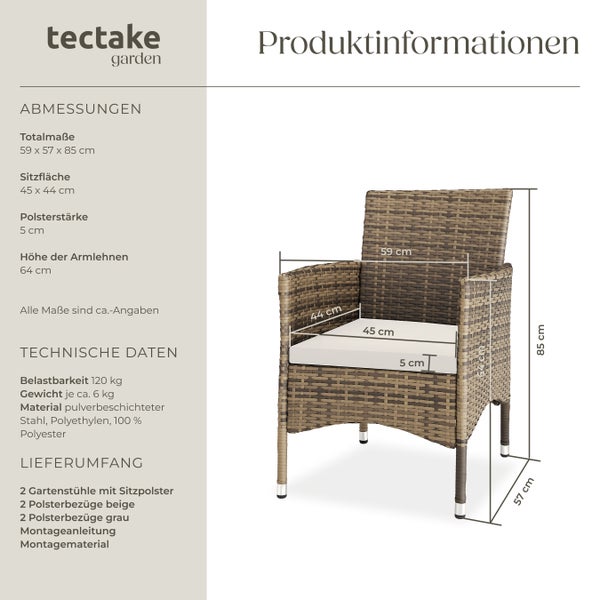 Produktinformationen zu einem Gartenstuhl aus Stahl und Polyethylen mit Sitzpolster