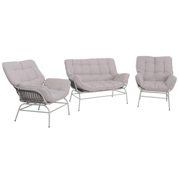 Modernes Gartenmöbel-Set bestehend aus einem Zweisitzer-Sofa und zwei Sesseln mit gepolsterten Kissen und Metallgestell.
